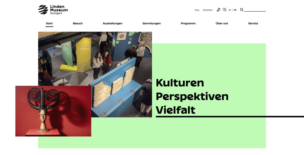 Ausschnitt der Website des Linden-Museums Stuttgart mit individuellem Design