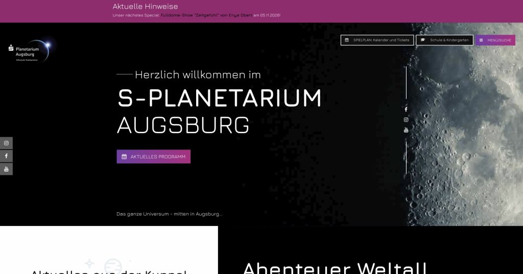 Ausschnitt der Website des S-Planetariums Augsburg mit individuellem Design
