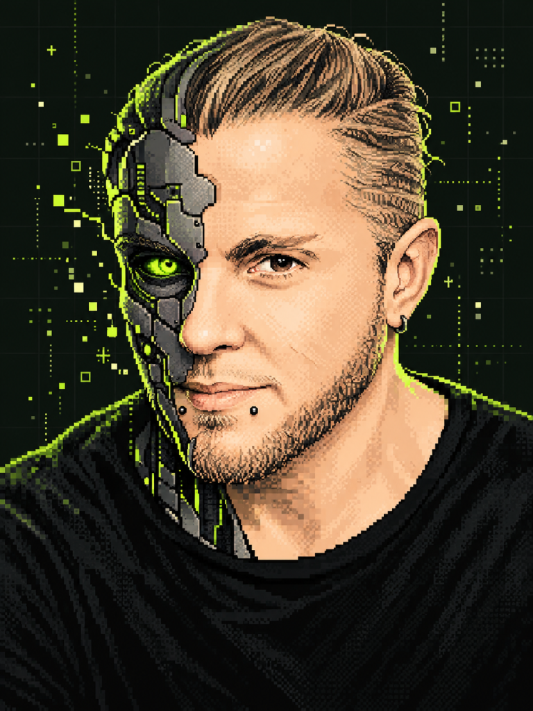 Pixel-Illustration von Gregor Witsch als Mensch-Roboter-Hybrid