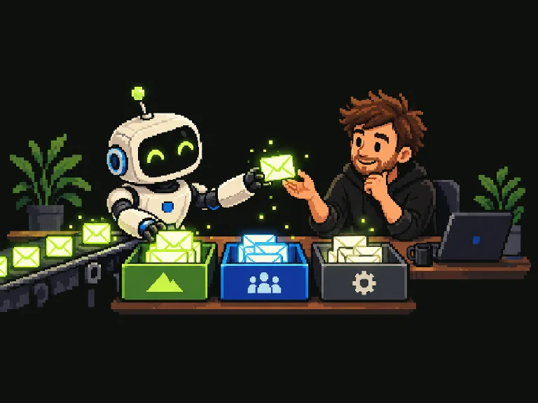 Pixel-Illustration: Roboter sortiert Anfragen und übergibt eine Nachricht zur menschlichen Prüfung
