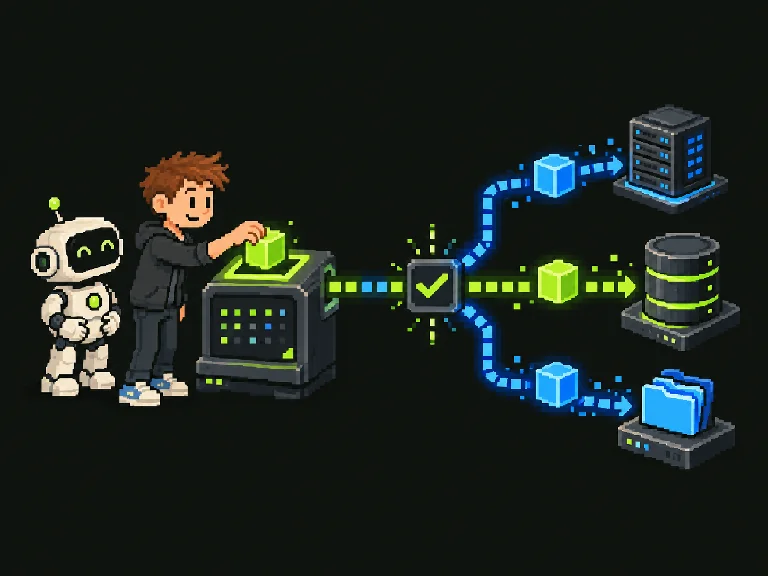 Pixel-Illustration: Einmal erfasste Daten werden geprüft und an drei verbundene Systeme übergeben