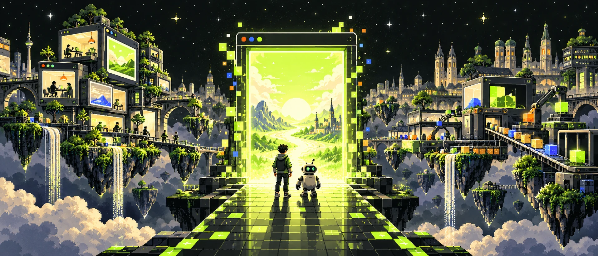 Breite Pixel-Spielwelt mit Portal, Mensch und Roboter für KRASS DIGITAL