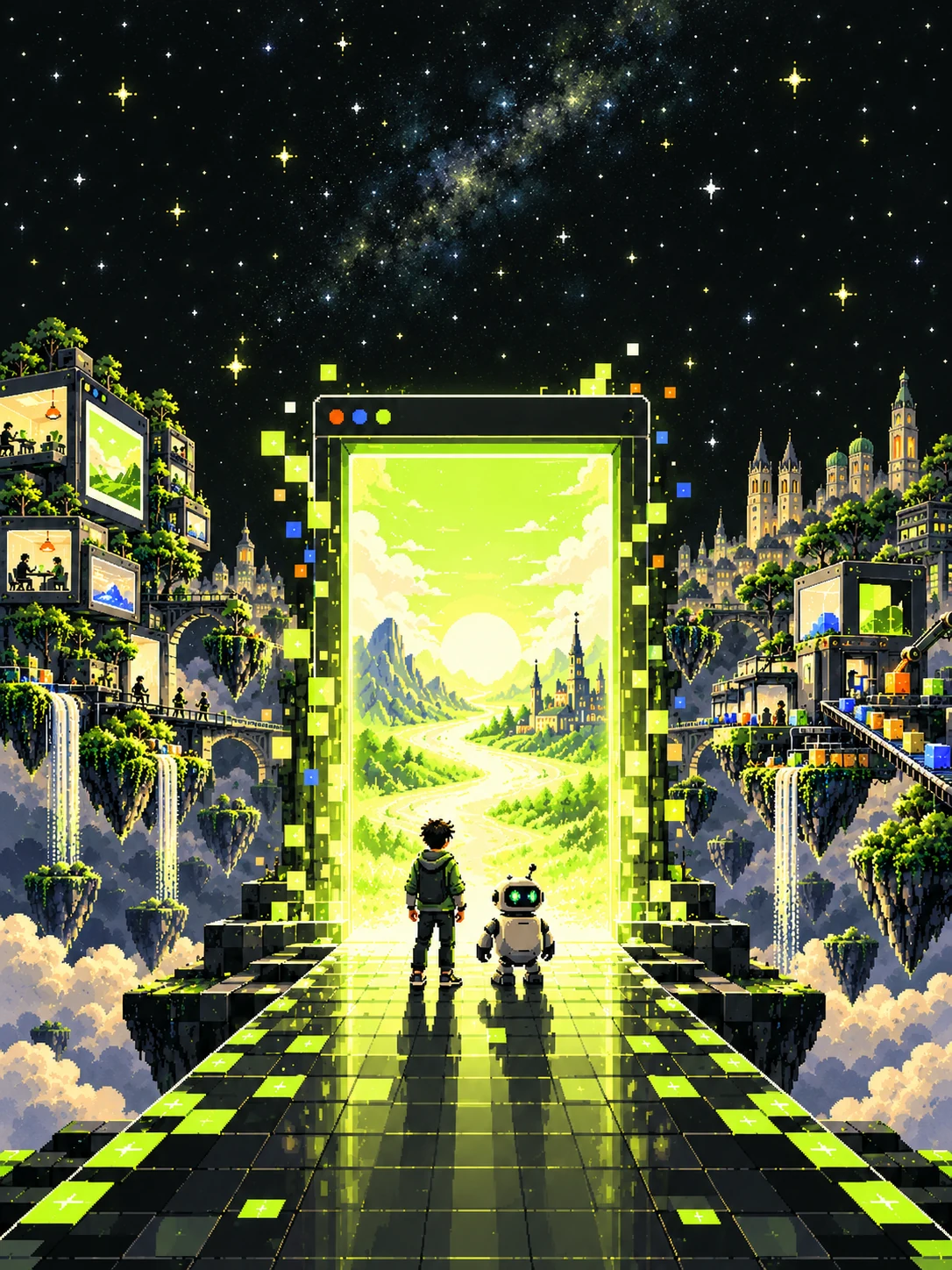 Pixel-Spielwelt im Hochformat mit Portal, Mensch und Roboter