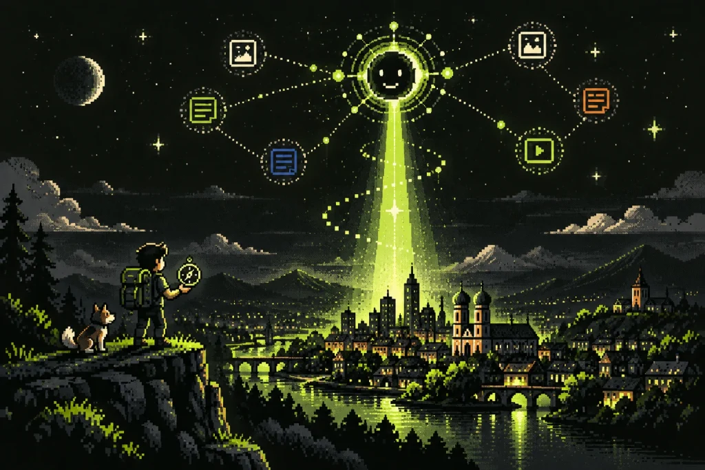 Pixel-Suchsignal verbindet eine Stadt mit Informationsquellen und KI-Suche