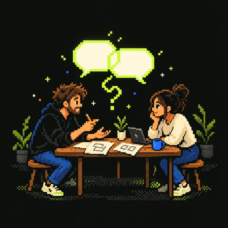 Pixel-Illustration: Zwei Menschen klären Ziele im Gespräch