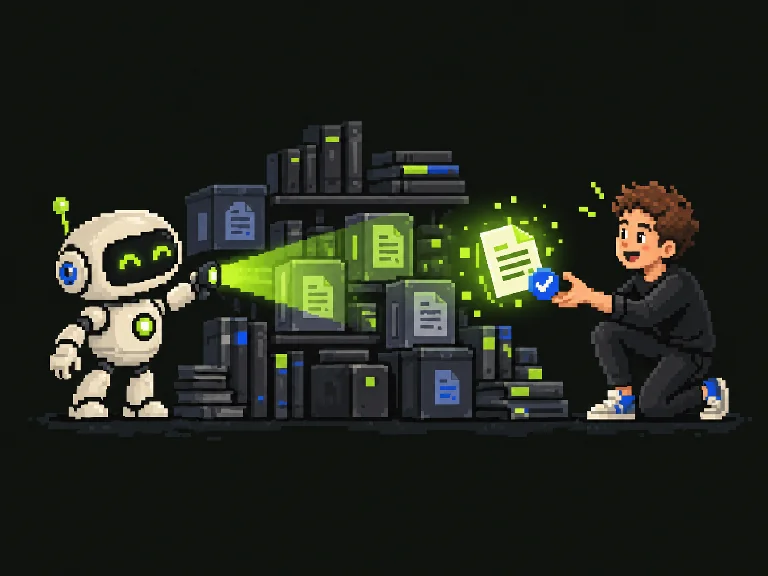 Pixel-Illustration: Roboter findet eine freigegebene Wissensquelle in einem Dokumentenarchiv